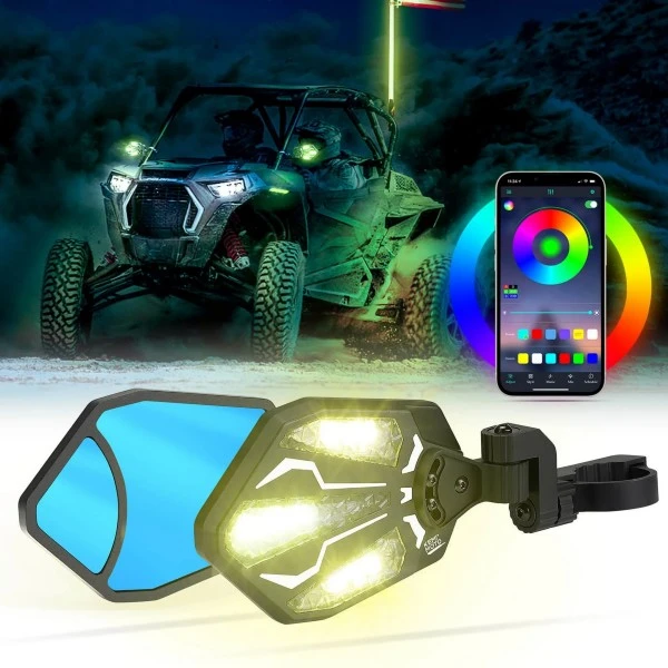 Kemimoto UTV 1.62"-2" Round Tube Adjustable Side Mirror With RGB Light