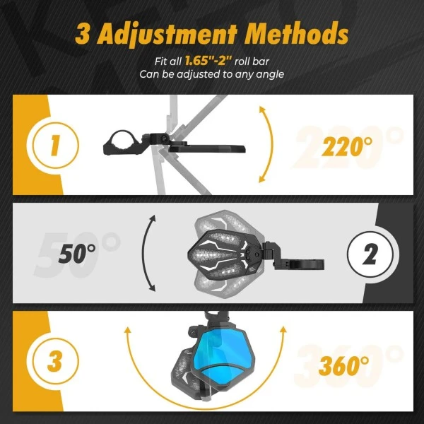 Kemimoto UTV 1.62"-2" Round Tube Adjustable Side Mirror With RGB Light - Image 3