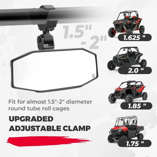 Kemimoto UTV Center Mirrors Fits 1.5"-2" Roll Cage Bar Adjustable Aluminum Clamp - Image 2
