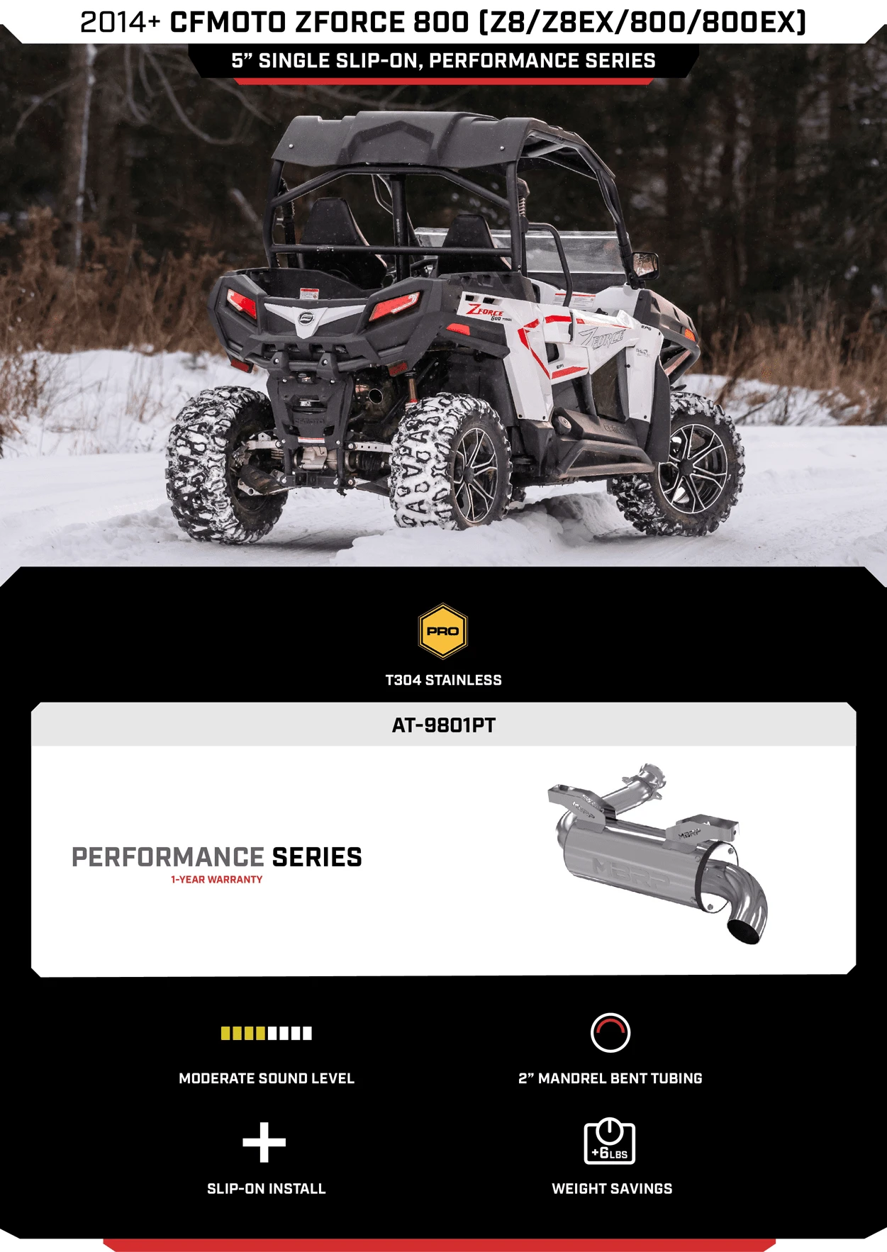 MBRP 5" Slip-on Muffler, 2014-2022 CFMOTO ZFORCE 800 (Z8/ Z8EX/ 800/ 800EX) Performance Series - Image 6